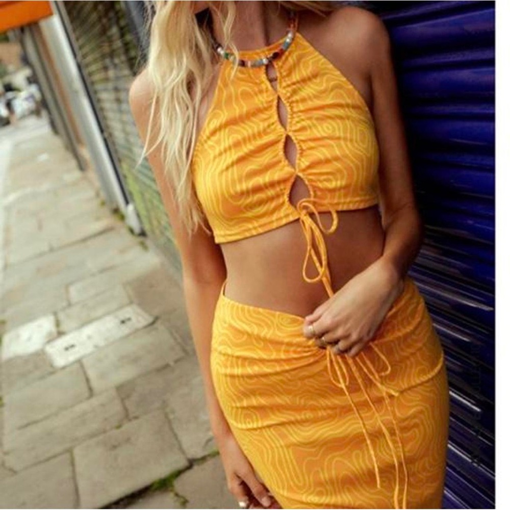 NWT Zara Orange Abstract Printed Crop Top and Skirt Set
